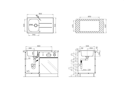 Pyramis Concerto (86 X 50) 1B 1D S Lavello Da Incasso In Vetro Sfaccettato Con Nero, Acciaio Inossidabile Bacino, 109501330 - 3
