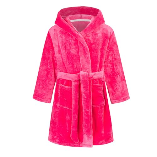 Image of NautySaurs Girls Dressing Gown Kids Solid Color Bathrobes Children's Hooded Flannel Fleece Robe for Boys, Rose Red, 2-3 Years