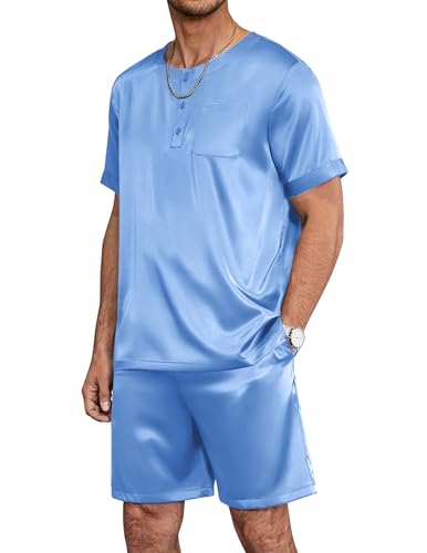 Image of Ekouaer Mens Pajamas Set Silk Satin Pjs Sets Summer Short Sleeve Button Down Sleepwear 2 Piece Loungewear with Pockets