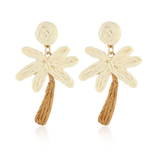 Image of Handmade Raffia Hoop Earrings Statement Tropical Bohemian Straw Dangle Earrings Natural Rattan Vacation Style Round Earrings for Women Summer Beach Party Essential Jewelry
