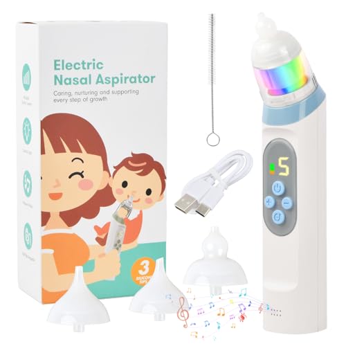 Dewocke Elektrischer Nasensauger für Baby mit 5 Saugstufen, Baby Nasensauger, Musik und Licht Beruhigende Funktion, Baby Nasenreiniger mit 3 Silikonspitzen, Nasensauger für Neugeborene, Kleinkinder