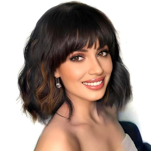 PORSMEER Short Wavy Bob Black Mixed Brown Highlight Wig with Fringe Natural Looking Synthetic Hair Wigs for Women Party Or Daily Wear