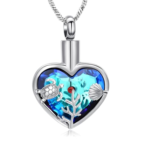 Yinplsmemory Sea Turtle Urn Necklaces for Ashes for Women Men Stainless Steel Crystal Heart Urn Locket Pendant Keepsake Memorial Cremation Jewelry