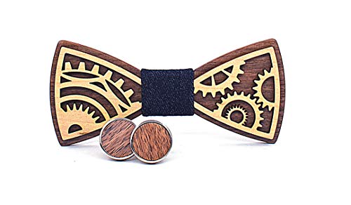 Secdtie Pre-Tied Wood Bow Ties Set for Men Big Boys with Matching Pocket Square Cufflinks Lapel Flower Brooch Set Gift Box, Set 11, One size