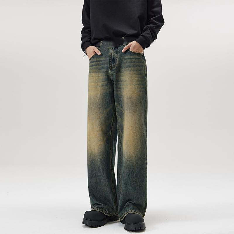 Men's Korean A-Line Spring Jeans Elastic Waist Loose Pants2
