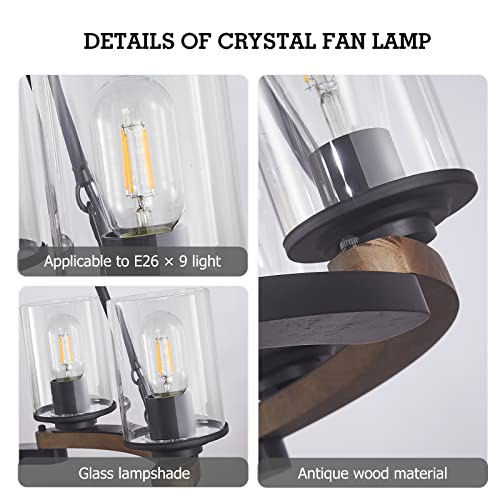 Fabulis 9-Light Wagon Wheel Chandelier, Farmhouse Dining Room Light Fixtures, Vintage Wood Light Chandeliers For Entryway Living Room Bedroom Foyer Hallway (9-Light/Wood, With Glass Shade) #TOP4