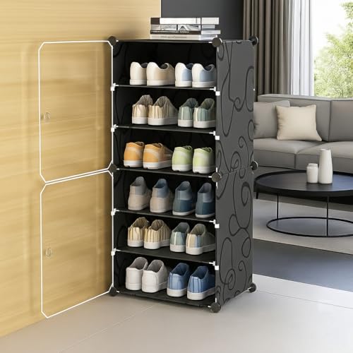 Image of KRISHYAM 6-Tier Shoe Rack Organizer with 2 Doors | DIY Portable Shoe Storage Cabinet for Boots, Shoes & Slippers | 12 Pair Capacity | Closet Organizer & Space Saver - Black