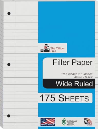Filler Paper, Wide Ruled Filer Paper, Loose Leaf Paper, 3 Holed Punches Paper, Red Line Margin, Ring Binder Paper - 8\" x 10.5\" - Wide Ruled - 175 Sheets