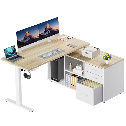 Image of HUANUO L Shaped Standing Desk, Electric Executive Desk with Drawers, Adjustable Height Stand Up Desk, 55″ x 23.6″ One-Whole Piece Desktop, Computer Desk with 4 Memory Presets, Light Walnut