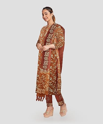 Image of STB-SILK TEXTILES BHAGALPUR Women's Bhagalpuri Cotton Silk Batik Print Unstitched Salwar Suit Dress Material With Dupatta | Dress Material For Women's & Girls (Rust)