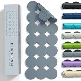 Webos Bathtub Mat Non Slip: Extra Long Rubber Bath Mat for Tub with Strong Suction Cups 15.4" x 37.8" Anti Slip Shower Mat, Big Drain Holes Bathroom Mats for Tub & Shower, Circle-Grey