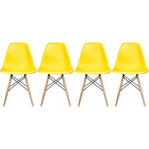2Xhome Modern Plastic Side Dining Chairs No Arms With Back Natural Wood Wooden Legs, Yellow, Set Of 4 #TOP15