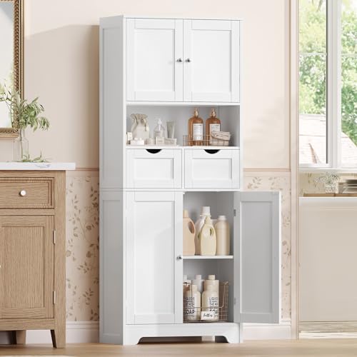 TEENFON Badezimmerschrank, Badschrank Hochschrank mit 4 Türen, 2 Schubladen & 2 Höhenverstellbaren Regalen - Weiß - 60 x 30 x 147cm - Für Flur, Wohnzimmer, Eingangsbereich