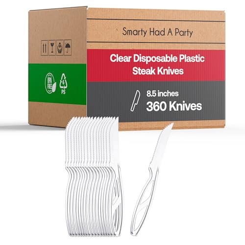 8.5 Inch Heavy-Duty Clear Disposable Steak Knives - 360 Pack of Sturdy Plastic Cutlery with Serrated Edge, Strong and Durable Bulk Knives for Restaurants, Catering and Quick-Serve Convenience