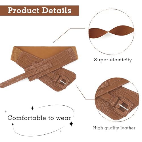 Women's Wide Stretchy Cinch Belt Brown Vintage Chunky Buckle Belts for Dress3