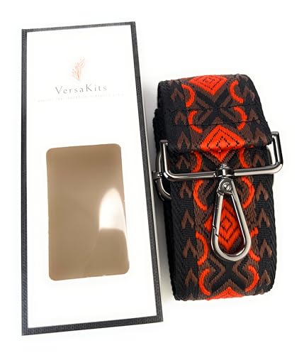 Image of Black Orange Boho Diamond Purse Strap with Gunmetal Black Hardware 2 Inch Wide Replacement Crossbody Guitar Style Shoulder Strap for Handbags Totes
