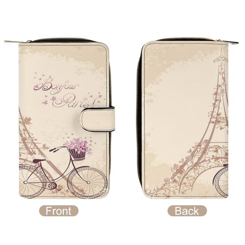 Nugier Women Soft PU Leather Wallet, Zipper Card Case Clutch Credit Bills Money Crash Coin 7.8x4.3x1.4 in Holder Purse Print Vintage Retro Eiffel Tower Bicycle Lavender Flowers4