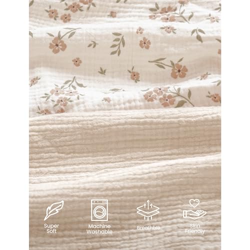 Image of Konssy Muslin Mini Crib Sheets, 100% Soft Cotton Pack and Play Sheets for Pack N Play Mattress, Playard Baby Crib Sheets for Baby Girls(Blossom, Cream)