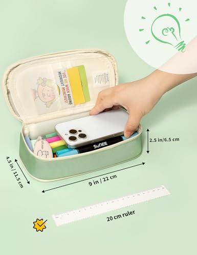Image of SUNEE Cute Pencil Case, Large Pencil Pouch, Aesthetic Big Pencil Bag with Zipper, Kawaii Stationery Storage and Organizer, School Supplies for Boys and Girls Teen, Heavy Duty Oxford Canvas, Sage Green