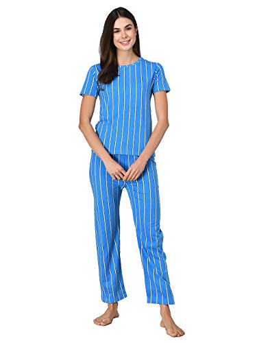 Image of KOTTY Blue Cotton Striped Women Pyjama