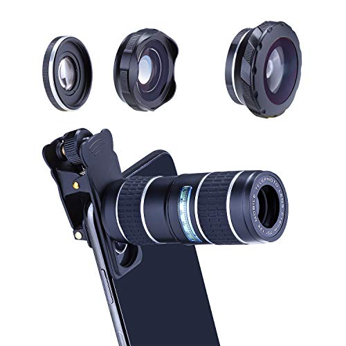 HXGD Phone Camera Lens Kit 12x Telephoto Lens 180° Fisheye Lens 0.36x Super Wide Angle Lens Macro Lens Suit for iPhoneXS Max/X/XR/8/7/6 Andriod (Sliver)