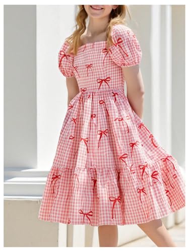 Girl's Plaid Midi Dress Bow Print Puff Short Sleeve A Line Flowy Gingham Dresses3
