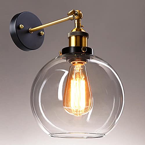 OZBMA Lámpara de Pared de Cristal Vintage - Aplique de Pared Industrial Frideko con Forma de Globo, Foco con Accesorios Redondos de Cristal Transparente de 20 cm (7,9 (1 Unidad (20 cm))) ()
