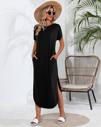 Image of Riyiper 2 Pieces Women's Short Sleeve Maxi Dress Round Neck Casual Loose Split Long Summer Beach Shirt Dress with Pockets