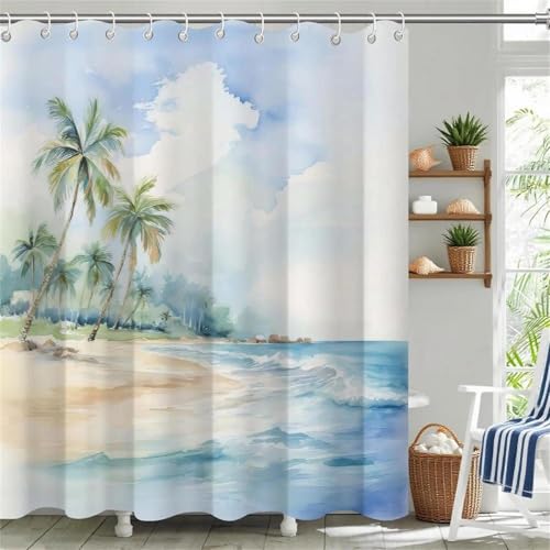 TSLOVER Sea Beach Shower Curtain for Bathroom,Blue Tropical Coastal Waterproof Polyester Shower Curtains,Funny Ocean Theme Bathroom Decor,72x72 Inch