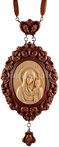 Orthodox Panagia Our Lady of Kazan. Wooden Carved Engolpion for Bishops Christian Symbols Gifts