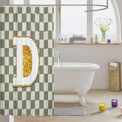 Image of Erosebridal Sage Green Checkered Shower Curtain 72 inch Wx84 L Plaid Initial D Bathroom Curtain Personalized Monogram Bathroom Accessories for Kids Adults,Fashion Grids Gingham Shower Decor
