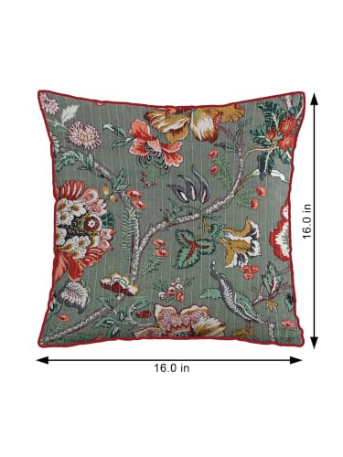 Image of Pure Cotton Quilted Cushion Cover 16x16 Inch | Anokhi Print Decorative Throw Pillow Cover | Soft Cotton Sofa Cushion Cover with Hidden Zipper | Living Room Bedroom Home Decor