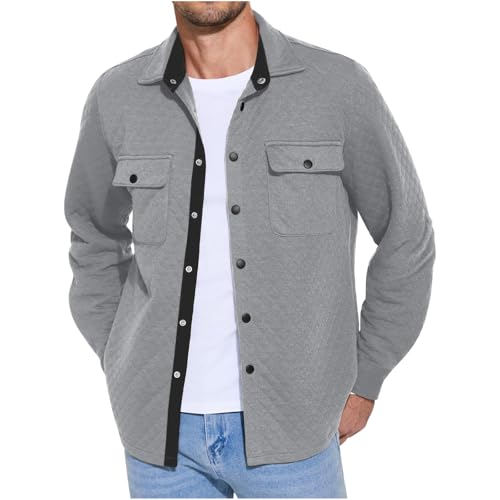 Mens Quilted Shirt Jacket Lightweight Long Sleeve Snap Button Shacket Warm Fall Winter Coat with Pockets