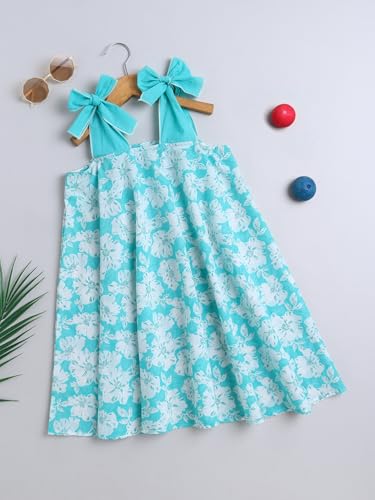 Image of The Magic Wand Kids Girls Printed Casual Dresses, Knee Length Singlet Strap Fit & Flared Cotton Once Piece Stylish Frocks for Summer Season
