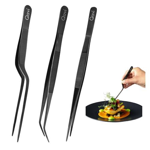 Professional Chef Plating Tweezers, 16cm/6.3-Inches Set of 3 (Straight, Curved and Offset), Precision Culinary Tongs
