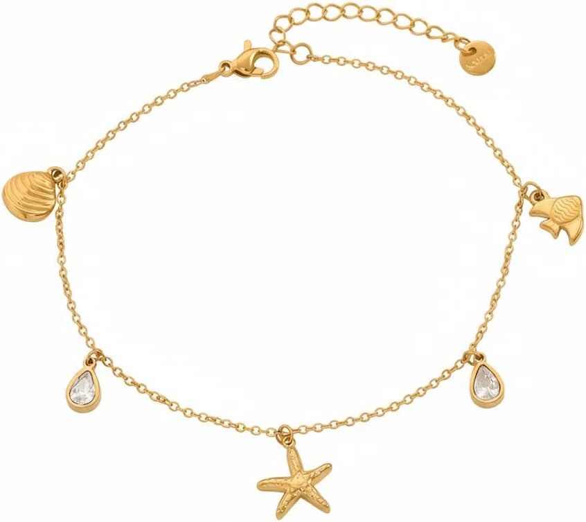 Anklets for Women Dainty CZ Ankle Bracelet 18K Gold Plated Waterproof Boho Dot Star Moon Daisy Ocean Beaded Anklet Trendy Foot Jewelry