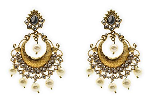 SATYAM KRAFT Women's Fashion Traditional Gold Chandbali Pearl Kundan Earrings Partywear Wedding Hangings Earrin Standard Golden