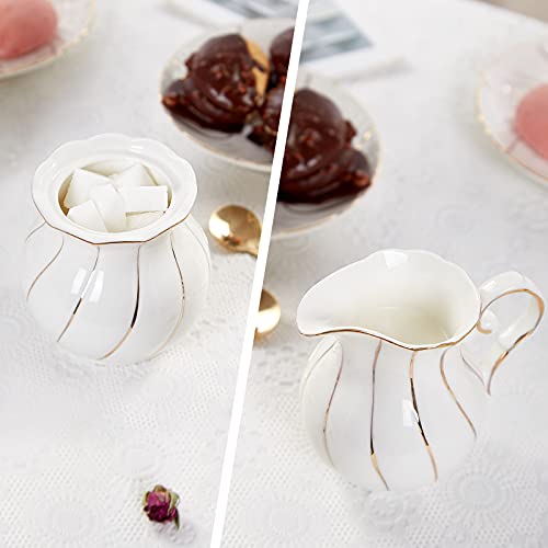 Dujust White Cream & Sugar Set, Luxury British Design In Golden Trims, 1 Sugar Bowl With Lid (12 Oz), 1 Creamer (8 Oz), Handcrafted Sugar Creamer Set, Decoration For Kitchen #TOP2