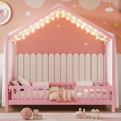 Image of Twin Size Wood House-Shape Platform Bed with Roof Frame and Canopy, Montessori Floor Bed with High Railings and Slat Support for Kids Girls Boys, No Box Spring Needed (Pink-05, Twin)