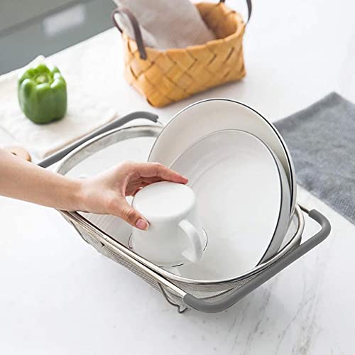 Ajioda Over The Sink Colander, 6 Quarts Stainless Steel Oval Colander With Expandable Rubber Grip Handle, Fine Mesh Strainer Baskets Kitchen Colander For Strain, Drain, Rinse Vegetables, Fruits, Grey #TOP7