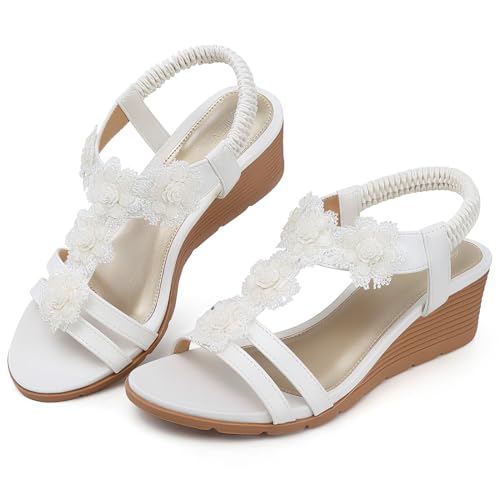 SHIBEVER Womens Sandals Wedge Flower: Open Toe Elastic Ankle Strap Wedge Sandal - Dressy Sandals Women - Comfortable Summer Bohemia