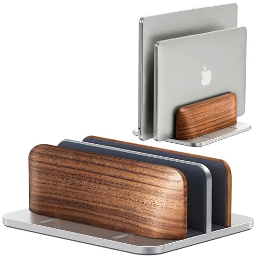 JCZT Vertical Laptop Stand Walnut Dual Laptop Holder with Adjustable Aluminum Alloy Base Laptop Stand Compatible with All MacBok/Surface/Samsung/HP/Dell/Chrome Book (Silver)