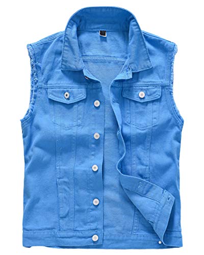 Image of ebossy Men's Ripped Distressed Denim Vest Sleeveless Button Up Jean Vest Jacket (X-Small, Blue)