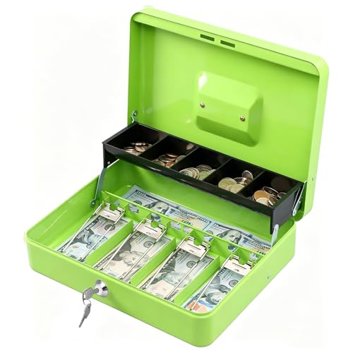 Image of KYODOLED Locking Cash Box with Lock,Money Box with Cash Tray,Lock Safe Box with Key Money Saver,Money Saving Organizer,11.81Lx 9.45Wx 3.54H Inches,Limegreen XL Large
