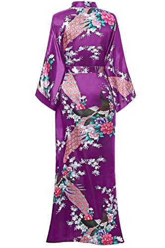 Image of BABEYOND Women's Kimono Robe Long Satin Robes with Peacock and Blossoms Printed Kimono Nightgown