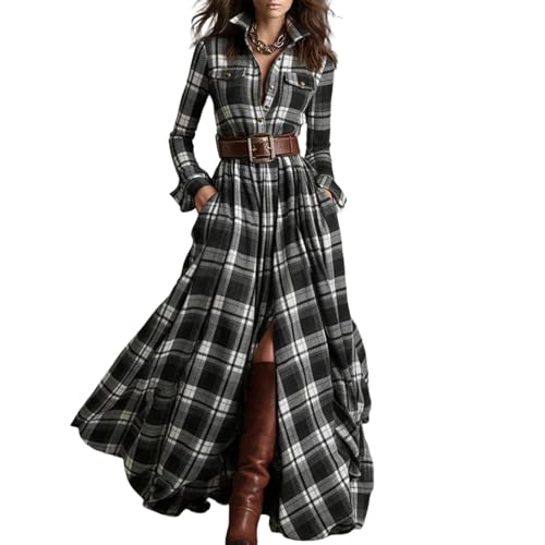 Robe chemise en polyester à carreaux irréguliers et volants décontractés pour femme
