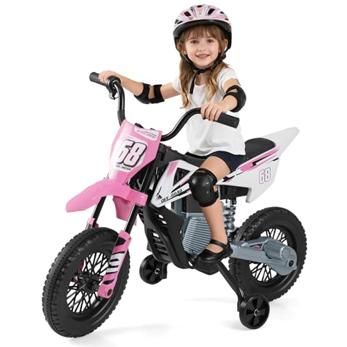 COSTWAY Moto Eléctrica para Niños, Motocicleta Eléctrica Infantil 12V con Ruedas de Entrenamiento Desmontables y Suspensión de Resorte, Moto de Batería con Música y Conexión Inalámbrica (Rosa)