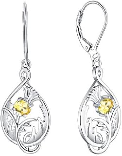 JO WISDOM Scottish Thistle Earrings,925 Sterling Silver Scotland Flower Outlander Drop & Dangle Earrings with 3A CZ Birthstone,Jewelry for Women