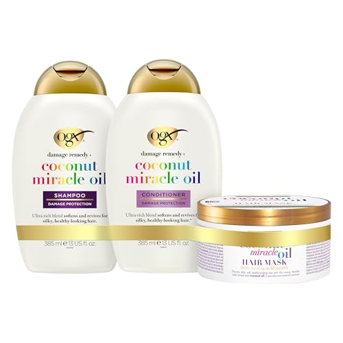 OGX Coconut Miracle Oil Shampoo,Conditioner und Mask 2x385 ml +300g, feuchtigkeitsspendend mit Kokosöl & Vanilleextrakt, ohne sulfathaltige Tenside,Anti Frizz Formel für strapaziertes & trockenes Haar