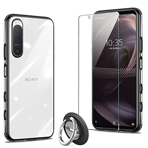 Xperia 5 III ケース SO-53B SOG05黒 半透明 薄型 リング付き ケース ガラスフィルム 日本旭硝子製 硬度9H 強化ガラス
